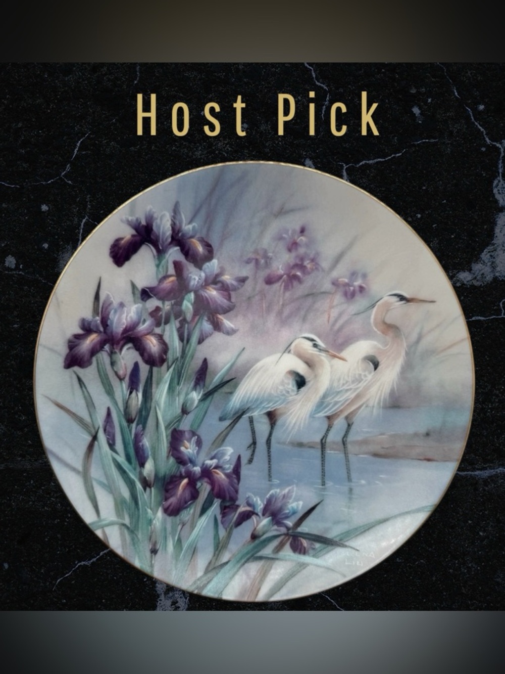 Vintage Lena Liu Fine China Decorative Plate with Herons and Purple Iris Flowers